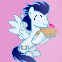 Size: 720x720 | Tagged: safe, artist:mlplary6, imported from derpibooru, soarin', pegasus, pony, ^^, apple, apple pie, backwards cutie mark, eyes closed, food, heart, hug, male, pie, smiling, solo, stallion