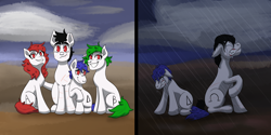 Size: 3000x1500 | Tagged: safe, artist:hiddenfaithy, imported from derpibooru, oc, oc only, oc:alpha, oc:beta, oc:delta, earth pony, pony, albino, angst, commission, crying, family, family photo, happy, old art, rain, sad, simple background, smiling