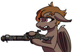 Size: 1054x732 | Tagged: safe, imported from derpibooru, oc, oc:umber, bat pony, pony, fallout equestria, ears back, gun, holding, railway rifle, simple background, threatening, transparent background, weapon