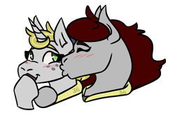 Size: 753x489 | Tagged: safe, artist:hiddenfaithy, imported from derpibooru, oc, oc only, oc:misty sparks, oc:skyfire lumia, pegasus, pony, unicorn, fallout equestria, blushing, cheek kiss, fallout equestria: uncertain ties, kissing, lips, raised hoof, simple background, transparent background