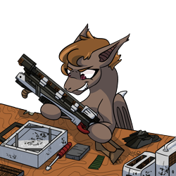 Size: 1500x1500 | Tagged: safe, alternate version, artist:hiddenfaithy, imported from derpibooru, oc, oc only, oc:umber, bat pony, pony, commission, ear fluff, fangs, gauss rifle, grin, gun, holding, repairing, simple background, smiling, solo, transparent background, weapon
