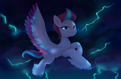 Size: 5290x3444 | Tagged: safe, artist:saphypone, imported from derpibooru, zipp storm, pegasus, pony, absurd resolution, cloud, female, flying, g5, lightning, looking at you, mare, my little pony: a new generation, smiling, smiling at you, solo, spread wings, stormcloud, wings