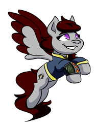 Size: 998x1328 | Tagged: safe, artist:hiddenfaithy, imported from derpibooru, oc, oc only, oc:skyfire lumia, pegasus, pony, fallout equestria, colored wings, colored wingtips, fallout equestria: uncertain ties, flying, pipbuck, simple background, smiling, transparent background, wings
