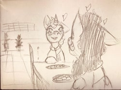 Size: 1010x750 | Tagged: safe, artist:hiddenfaithy, imported from derpibooru, oc, oc only, oc:misty sparks, oc:skyfire lumia, pegasus, pony, unicorn, fallout equestria, blushing, clothes, diner, eating, fallout equestria: uncertain ties, heart, jumpsuit, pencil drawing, sketch, traditional art, vault suit, wings