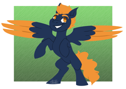 Size: 1421x1007 | Tagged: safe, artist:hiddenfaithy, imported from derpibooru, oc, oc only, oc:cobalt sky, pegasus, pony, bipedal, colored wings, colored wingtips, lineless, simple background, smiling, spread wings, wings