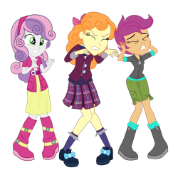 Size: 3500x3443 | Tagged: safe, artist:gmaplay, imported from derpibooru, orange sherbette, scootaloo, sweetie belle, equestria girls, friendship games, boots, clothes, covering ears, crystal prep academy uniform, eyes closed, female, frown, high res, school uniform, scootaloo is not amused, shoes, simple background, skirt, sweetie belle is not amused, teeth, transparent background, trio, trio female, unamused, uniform