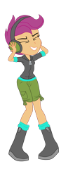 Size: 1195x3443 | Tagged: safe, artist:gmaplay, imported from derpibooru, scootaloo, equestria girls, boots, clothes, eyes closed, female, grin, headphones, high res, hoodie, shoes, shorts, simple background, smiling, solo, transparent background