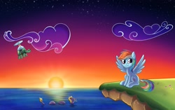 Size: 2377x1496 | Tagged: safe, artist:dyonys, imported from derpibooru, rainbow dash, steven magnet, tank, pegasus, pony, sea serpent, tortoise, cloud, commission, female, flying, looking at you, male, mare, ocean, scenery, sitting, smiling, smiling at you, spread wings, sun, sunset, trio, water, wings