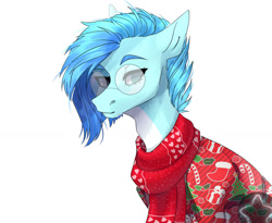 Size: 1280x1048 | Tagged: safe, artist:meggychocolatka, imported from derpibooru, oc, oc only, earth pony, pony, bust, clothes, earth pony oc, glasses, scarf, simple background, solo, sweater, white background