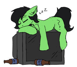 Size: 1460x1264 | Tagged: safe, artist:reddthebat, imported from derpibooru, oc, oc only, oc:filly anon, earth pony, pony, alcohol, beer, beer bottle, bottle, female, filly, foal, simple background, sleeping, solo, television, transparent background