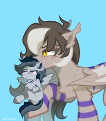 Size: 1752x2000 | Tagged: safe, artist:rrd-artist, imported from derpibooru, oc, oc only, bat pony, pegasus, pony, crossed arms, holding a pony, mouth hold, unamused