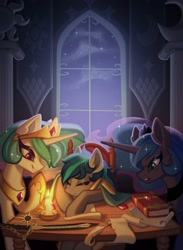 Size: 1000x1366 | Tagged: safe, artist:rrd-artist, imported from derpibooru, princess celestia, princess luna, oc, alicorn, pony, amused, book, candle, candlelight, commission, head on table, night, quill, scroll, sleeping, sword, table, unamused, weapon