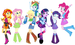 Size: 900x544 | Tagged: safe, artist:famousmari5, imported from derpibooru, applejack, fluttershy, pinkie pie, rainbow dash, rarity, sci-twi, spike, sunset shimmer, twilight sparkle, dog, equestria girls, accessory swap, backpack, belt, boots, clothes, cowboy boots, cowboy hat, hat, high heel boots, humane five, humane seven, humane six, jacket, shirt, shoes, shoulder ride, simple background, skirt, socks, spike the dog, transparent background