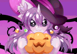 Size: 1000x700 | Tagged: safe, alternate version, artist:miioko, imported from derpibooru, oc, oc only, pony, unicorn, animated, bust, commission, ear fluff, female, gif, halloween, hat, holiday, horn, jack-o-lantern, mare, pumpkin, smiling, solo, unicorn oc, unshorn fetlocks, witch hat, ych result