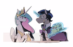 Size: 2431x1580 | Tagged: safe, artist:fan_silversol, idw, imported from derpibooru, king sombra, princess celestia, alicorn, pony, unicorn, cake, cakelestia, celestibra, female, food, good king sombra, looking at each other, looking at someone, male, mare, shipping, simple background, stallion, straight, white background