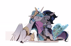 Size: 2431x1580 | Tagged: safe, artist:fan_silversol, idw, imported from derpibooru, king sombra, princess celestia, alicorn, pony, unicorn, reflections, spoiler:comic, cake, cakelestia, celestibra, cute, female, food, good king sombra, kiss, kissing, looking at each other, looking at someone, male, mare, nose kiss, shipping, simple background, stallion, straight, white background