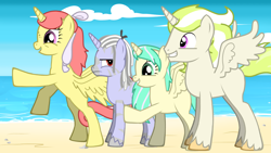 Size: 1920x1080 | Tagged: safe, imported from ponybooru, oc, oc:alabaster shine, oc:ivory charm, oc:nafasi nyingine, oc:stellar sunshine, alicorn, zebra, zebracorn, alicorn oc, beach, family photo, fanfic art, female, half-siblings, horn, male, ocean, parent:princess celestia, pony maker, siblings, sky, smiling, unamused, wings, zebracorn oc