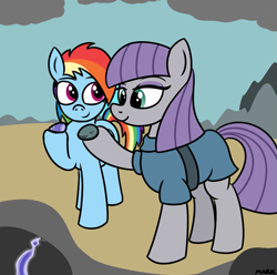 Size: 1111x1101 | Tagged: safe, artist:mark_ml, imported from ponybooru, boulder (pet), maud pie, rainbow dash, earth pony, pegasus, pony, cute, female, lesbian, mauddash, rock, rock farm, shipping, simple background