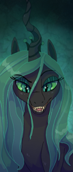 Size: 619x1440 | Tagged: safe, artist:shaslan, imported from derpibooru, queen chrysalis, changeling, changeling queen, bust, crown, female, jewelry, looking at you, portrait, regalia, simple background, smiling, solo