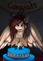 Size: 2896x4096 | Tagged: safe, artist:melodisde, imported from derpibooru, oc, oc only, oc:ondrea, pegasus, pony, banner, bone, cake, eye clipping through hair, female, food, high res, jewelry, mare, open mouth, open smile, pegasus oc, skull, smiling, solo, spread wings, wings