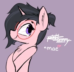 Size: 1458x1424 | Tagged: safe, artist:pinkberry, imported from derpibooru, oc, oc:mae (pinkberry), pony, unicorn, colored sketch, female, freckles, glasses, round glasses, self insert, solo, text