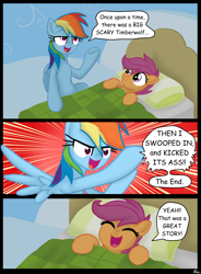 Size: 2833x3840 | Tagged: safe, artist:lennondash, imported from derpibooru, rainbow dash, scootaloo, pegasus, pony, :d, bed, bedtime story, boasting, comic, cute, cutealoo, dialogue, duo, duo female, eyes closed, female, filly, foal, in bed, lying down, mare, on back, open mouth, open smile, pillow, rainboast dash, scootalove, smiling, speech bubble, spread wings, vulgar, wings