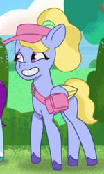 Size: 494x825 | Tagged: safe, imported from derpibooru, screencap, pegasus, pony, spoiler:g5, spoiler:my little pony: tell your tale, spoiler:tyts01e02, bag, colored wings, cropped, female, fifi (g5), g5, hat, mare, my little pony: tell your tale, offscreen character, shoulder bag, solo, two toned wings, wings, zipp's flight school