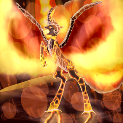 Size: 5800x5800 | Tagged: safe, artist:florarena-kitasatina/dragonborne fox, imported from derpibooru, oc, oc only, absurd file size, absurd resolution, emaciated, expy, fiery wings, fire, lava, lava veins, mane of fire, my eyes, rearing, signature, smoke, solo, spread wings, sword, watermark, weapon, why, wings, wraith