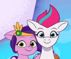 Size: 385x322 | Tagged: safe, imported from derpibooru, screencap, pipp petals, zipp storm, pegasus, pony, spoiler:g5, spoiler:my little pony: tell your tale, animated, blinking, bouncing, credits, cropped, duo, duo female, ear flick, female, front view, g5, gif, grin, headbob, hoof around neck, looking at you, mare, my little pony: tell your tale, siblings, side hug, sisters, smiling, smiling at you
