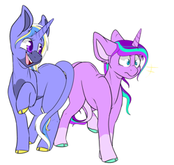 Size: 540x513 | Tagged: safe, artist:indigo-amets, imported from derpibooru, starlight glimmer, trixie, pony, unicorn, duo, duo female, female, frown, lesbian, mare, open mouth, open smile, raised hoof, redesign, shipping, simple background, smiling, startrix, white background