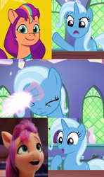 Size: 640x1080 | Tagged: safe, artist:3d4d, edit, edited screencap, imported from derpibooru, screencap, sunny starscout, trixie, earth pony, pony, unicorn, all bottled up, spoiler:g5, spoiler:my little pony: a new generation, spoiler:my little pony: tell your tale, exploitable meme, g5, mane stripe sunny, meme, my little pony: a new generation, my little pony: tell your tale, op can't let go, op isn't even trying anymore, op needs to stop, trixie fixing meme