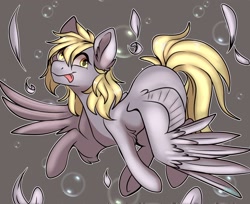 Size: 2048x1669 | Tagged: safe, artist:diethtwoo, imported from derpibooru, derpy hooves, pegasus, pony, :p, bubble, derp, feather, female, gray background, mare, signature, simple background, smiling, solo, tongue out