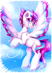 Size: 1280x1807 | Tagged: safe, artist:pozya1007, imported from derpibooru, zipp storm, pegasus, pony, cloud, colored wings, eyebrows, female, flying, g5, grin, looking at you, mare, multicolored wings, signature, sky, smiling, smiling at you, solo, spread wings, wings