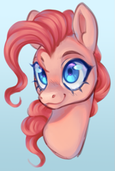 Size: 447x667 | Tagged: safe, artist:dustdevll, imported from derpibooru, pinkie pie, earth pony, pony, bust, female, gradient background, mare, portrait, smiling, solo