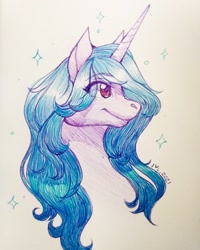 Size: 1560x1950 | Tagged: safe, artist:sn0wy18, imported from derpibooru, izzy moonbow, pony, unicorn, bust, female, g5, mare, pen drawing, portrait, profile, signature, smiling, solo, traditional art
