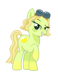 Size: 1663x2115 | Tagged: safe, artist:lavender-bases, artist:vernorexia, imported from derpibooru, earth pony, pony, base used, blonde, crossover, female, food, goggles, gradient hooves, gradient legs, green coat, lemon, lemon meringue (strawberry shortcake), lightning, mare, mechanic, ponified, short hair, short mane, show accurate, simple background, solo, strawberry shortcake, strawberry shortcake berry in the big city, tomboy, transparent background, wavy mane