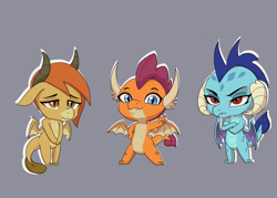 Size: 3500x2500 | Tagged: safe, artist:chedx, imported from derpibooru, ocellus, princess ember, smolder, dragon, chibi, crossed arms, cute, disguise, disguised changeling, dragon ocellus, dragon wings, dragoness, female, frown, gray background, hand on hip, high res, looking at you, peace sign, simple background, smiling, smiling at you, smolderbetes, spread wings, trio, trio female, wings