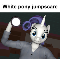 Size: 1392x1366 | Tagged: safe, artist:papadragon69, imported from derpibooru, rarity, anthro, unicorn, 3d, angry, female, five nights at freddy's, five nights at freddy's: security breach, flashlight (object), jumpscare, looking at you, meme, solo, source filmmaker, vanessa, white pony