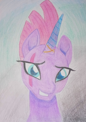 Size: 2233x3161 | Tagged: safe, artist:averkoswolf, derpibooru exclusive, imported from derpibooru, fizzlepop berrytwist, tempest shadow, pony, unicorn, my little pony: the movie, broken horn, colored pencil drawing, eye scar, female, horn, mare, scar, solo, tempest gets her horn back, traditional art