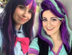 Size: 1080x819 | Tagged: safe, artist:jadechancosplay, artist:sarahndipity cosplay, edit, imported from derpibooru, starlight glimmer, twilight sparkle, human, equestria girls, mirror magic, spoiler:eqg specials, clothes, cosplay, costume, irl, irl human, photo