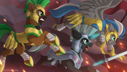 Size: 1920x1080 | Tagged: safe, artist:redchetgreen, imported from derpibooru, oc, oc only, oc:cloud zapper, oc:jaeger sylva, oc:valorheart, earth pony, pegasus, pony, unicorn, armor, banner, charge, fight, fire, glowing, glowing horn, hoof blades, horn, magic, male, metal claws, royal guard, royal guard armor, signature, smoke, stallion, sword, telekinesis, weapon