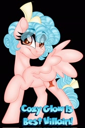 Size: 1370x2048 | Tagged: safe, artist:missbramblemele, imported from derpibooru, cozy glow, pegasus, pony, antagonist, black background, looking at you, simple background, solo, text
