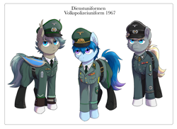 Size: 2707x1972 | Tagged: safe, imported from derpibooru, oc, oc:kelch fischer, oc:stavender, oc:v.piper, bat pony, earth pony, pony, clothes, fictitious, germany, military, military uniform, militäruniform, police, the new order, the new order: last days of europe, tno, uniform, volkspolizei