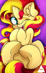 Size: 2893x4592 | Tagged: safe, artist:ahekao, imported from derpibooru, sunset shimmer, pony, unicorn, cute, ear fluff, female, happy, high res, hooves, hug, jiggle, laughing, lying down, mare, on back, one eye closed, open mouth, open smile, shimmerbetes, smiling, solo, tail, underhoof, weapons-grade cute