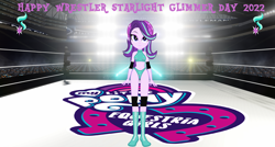 Size: 3330x1785 | Tagged: safe, artist:invisibleink, edit, edited edit, imported from derpibooru, starlight glimmer, equestria girls, beanie, belly button, breasts, clothes, elbow pads, hat, knee pads, shoes, solo, sports, sports bra, sports panties, starlight glimmer day, wrestler, wrestling, wrestling ring