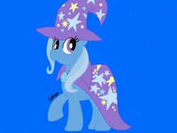 Size: 1024x768 | Tagged: safe, artist:thebrokencog, imported from derpibooru, trixie, pony, unicorn, blue background, cape, clothes, hat, simple background, solo, trixie's cape, trixie's hat