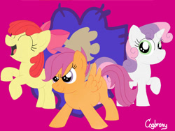 Size: 1024x768 | Tagged: safe, artist:thebrokencog, imported from derpibooru, apple bloom, scootaloo, sweetie belle, earth pony, pegasus, pony, unicorn, cutie mark crusaders, purple background, simple background, trio