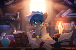 Size: 1920x1260 | Tagged: safe, artist:redchetgreen, imported from derpibooru, oc, oc only, oc:cloud zapper, pegasus, pony, armor, book, bookshelf, candle, complex background, digital art, glasses, male, reading, royal guard, solo, stallion