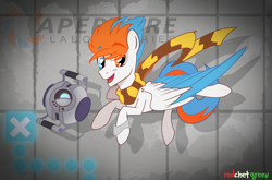 Size: 3920x2580 | Tagged: safe, artist:redchetgreen, imported from derpibooru, oc, oc only, pegasus, pony, aperture science, clothes, colored wings, flying, pegasus oc, portal (valve), scarf, solo, tail, two toned hair, two toned mane, two toned tail, two toned wings, wheatley, wings