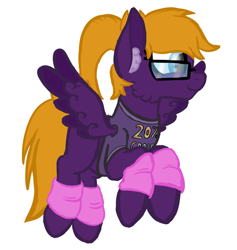 Size: 3095x3270 | Tagged: safe, artist:justapone, imported from derpibooru, oc, oc only, oc:purple creativity, pegasus, pony, cheek fluff, clothes, colored, colored pupils, colored sketch, colored wings, ear fluff, eyelashes, feathered wings, female, flying, full body, glasses, high res, leg warmers, mare, pegasus oc, shirt, simple background, smiling, solo, spread wings, tail, white background, wings